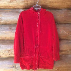 Esprit Red Vintage Velvet Hooded Full Zip Mid-length Jacket Size Medium*